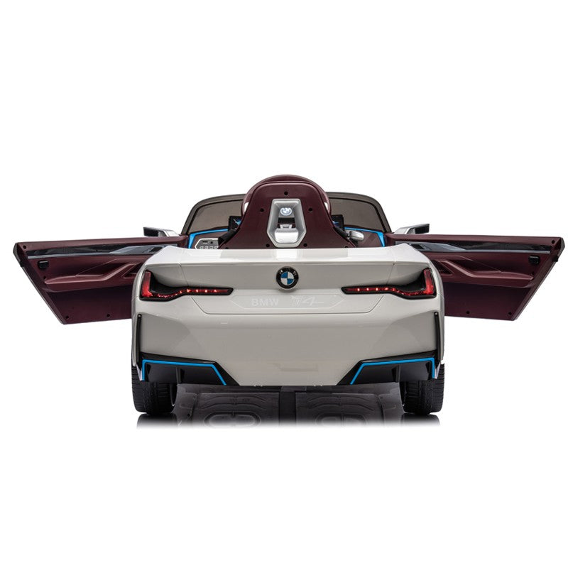 Masinuta electrica BMW I4, 2X25W, Bluetooth, MP3, lumini LED fata-spate, suspensii, roti spuma EVA, scaun maro