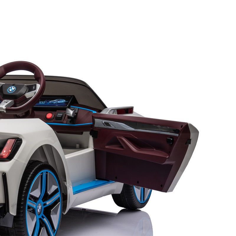 Masinuta electrica BMW I4, 2X25W, Bluetooth, MP3, lumini LED fata-spate, suspensii, roti spuma EVA, scaun maro