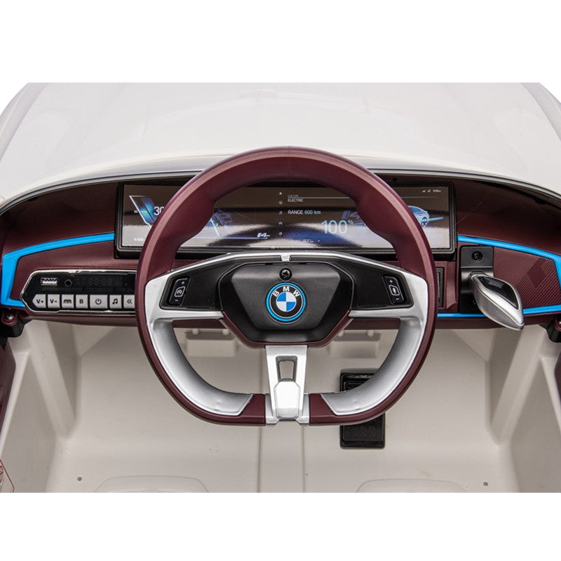 Masinuta electrica BMW I4, 2X25W, Bluetooth, MP3, lumini LED fata-spate, suspensii, roti spuma EVA, scaun maro