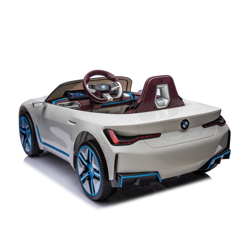 Masinuta electrica BMW I4, 2X25W, Bluetooth, MP3, lumini LED fata-spate, suspensii, roti spuma EVA, scaun maro