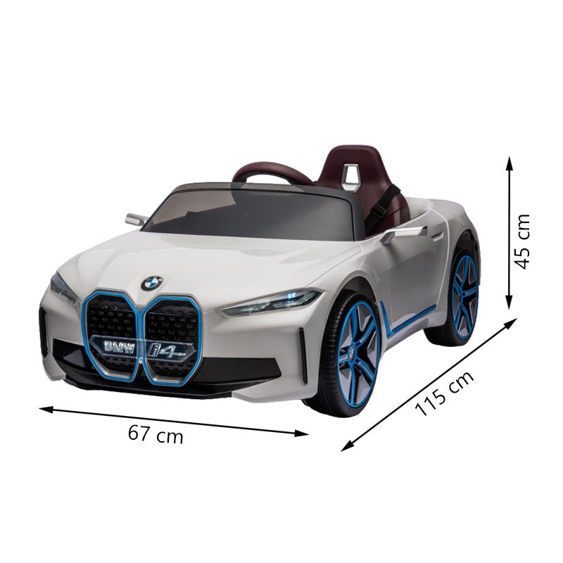 Masinuta electrica BMW I4, 2X25W, Bluetooth, MP3, lumini LED fata-spate, suspensii, roti spuma EVA, scaun maro