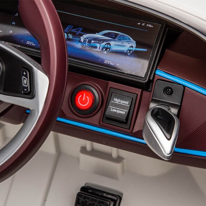 Masinuta electrica BMW I4, 2X25W, Bluetooth, MP3, lumini LED fata-spate, suspensii, roti spuma EVA, scaun maro
