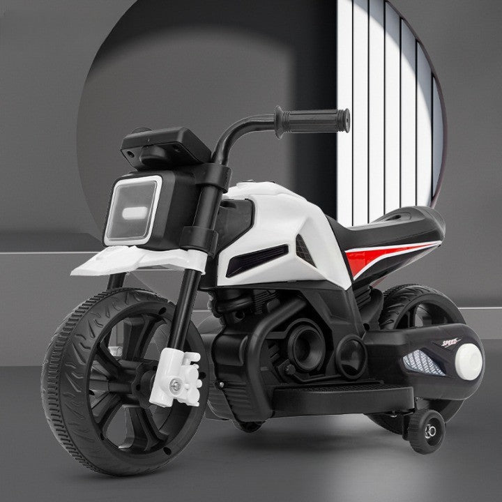 Motocicleta Electrica cu 2 Roti Mari si 2 Roti Ajutatoare,  , Acumulator Incarcare, Anti-Rasturnare, Lumini, Muzica, Motor:380, Baterie 6V4.5, 41.5x70x34 cm, 4.5 Kg, 3 Ani+, Alb Negru