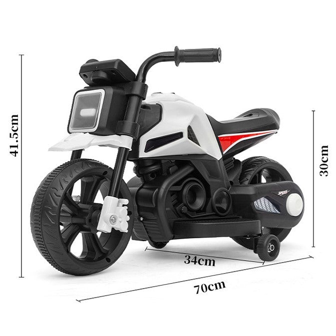 Motocicleta Electrica cu 2 Roti Mari si 2 Roti Ajutatoare,  , Acumulator Incarcare, Anti-Rasturnare, Lumini, Muzica, Motor:380, Baterie 6V4.5, 41.5x70x34 cm, 4.5 Kg, 3 Ani+, Alb Negru