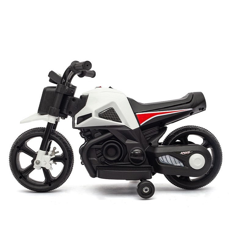 Motocicleta Electrica cu 2 Roti Mari si 2 Roti Ajutatoare,  , Acumulator Incarcare, Anti-Rasturnare, Lumini, Muzica, Motor:380, Baterie 6V4.5, 41.5x70x34 cm, 4.5 Kg, 3 Ani+, Alb Negru
