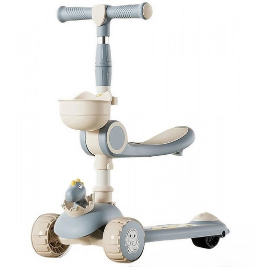 Trotineta Multifunctionala 3 in 1, Smart, pentru Copii, 1-7 Ani, cu Lumini si Muzica, Reglabil 360, Pliere Usoara, Reglarea Inaltimii, Model Dinozaur, Bej/Albastru