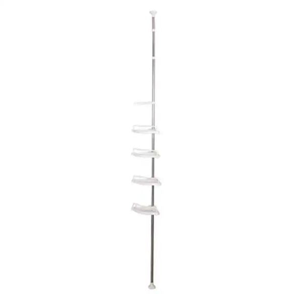 Organizator baie, raft de baie de tip "coltar" cu brat telescopic, cu 4 etajere si suport pentru prosop