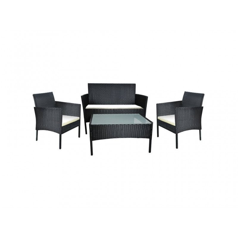 Set 4 piese mobilier gradina, fotolii, canapea, masuta cafea, perne, blat sticla, model ratan negru