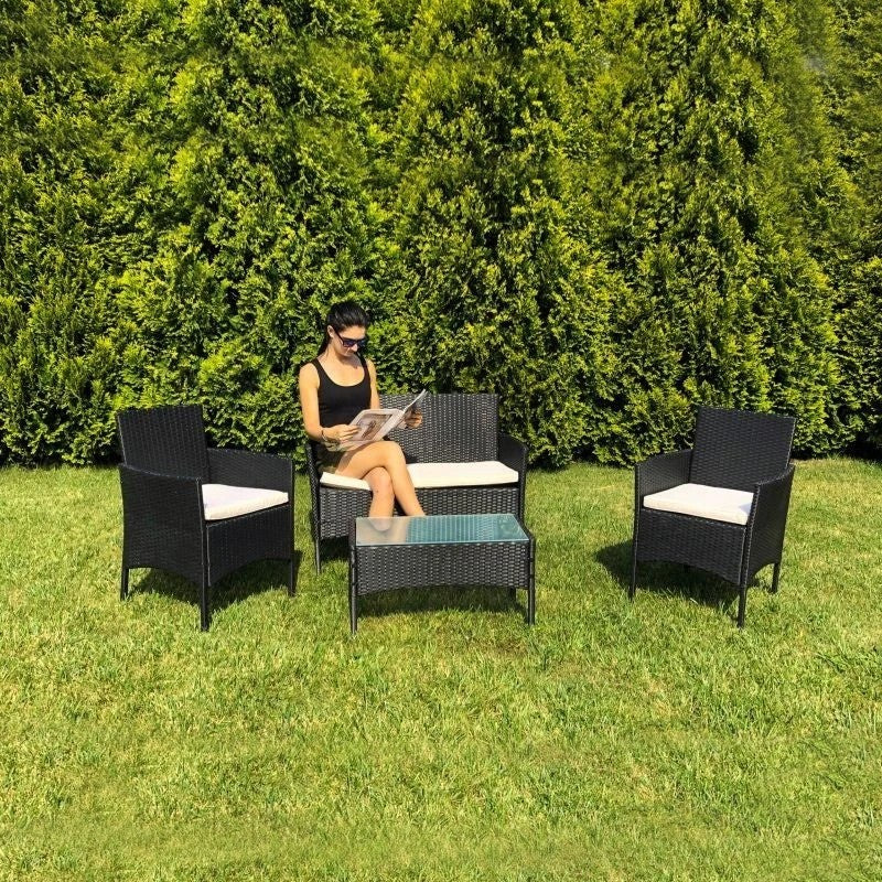 Set 4 piese mobilier gradina, fotolii, canapea, masuta cafea, perne, blat sticla, model ratan negru