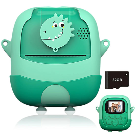 Set Camera Instantanee pentru Copii, Smart, Ecran HD 2.4'', 24MP, 720P Video, 1200 mAh, cu Functie de Printare Alb-Negru, cablu USB-C, Bluetooth, Compatibil iOS/Android, Imprimare APP, Model Dinozaur, Verde