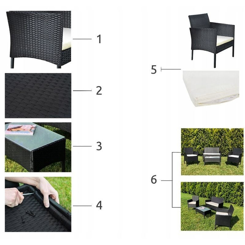 Set 4 piese mobilier gradina, fotolii, canapea, masuta cafea, perne, blat sticla, model ratan negru