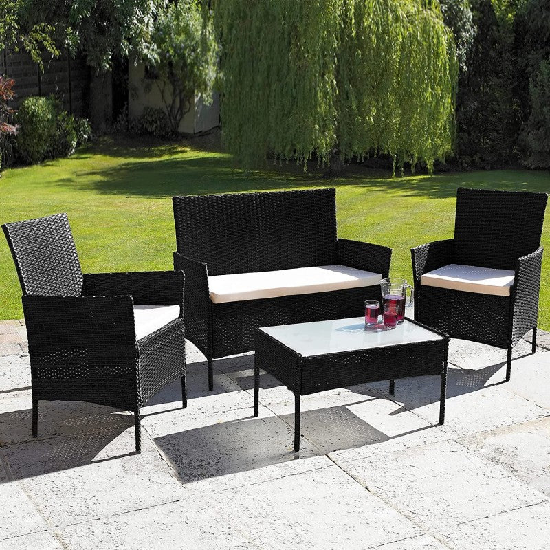 Set 4 piese mobilier gradina, fotolii, canapea, masuta cafea, perne, blat sticla, model ratan negru