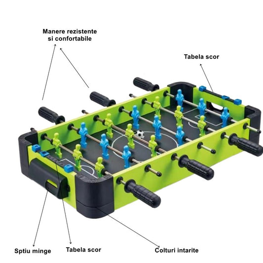Masa de fotbal cu teren si 18 jucatori Smart, 6 manere, cu Tablou Scor, din Metal si ABS, 70 x 59 x 64 cm, Design Multicolor, pentru copii/adulti, verde