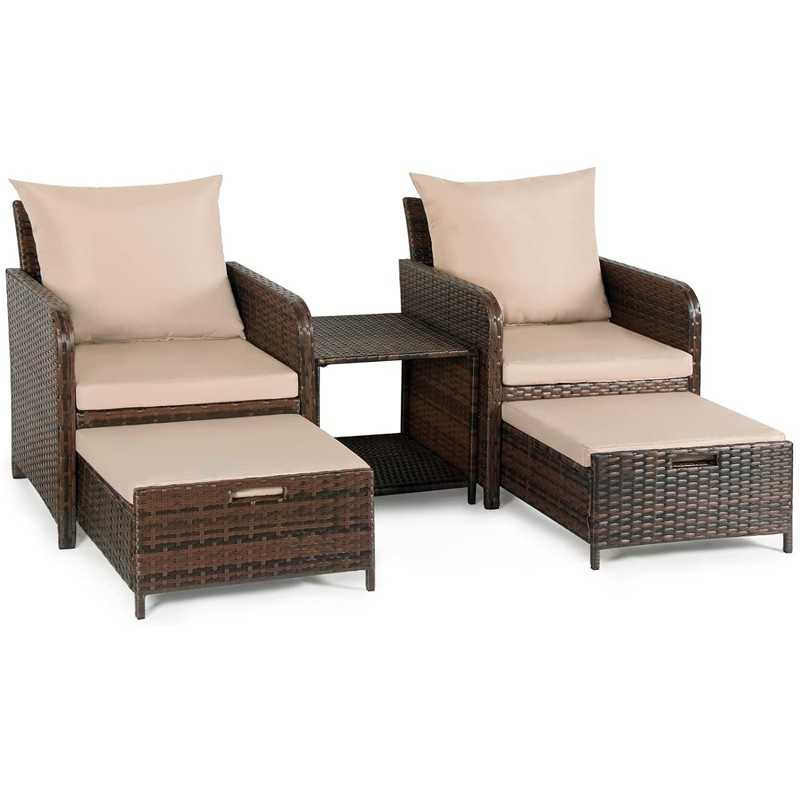Set mobilier gradina, 2 fotolii si 2 tabureti otoman, masuta cafea, perne incluse, maro