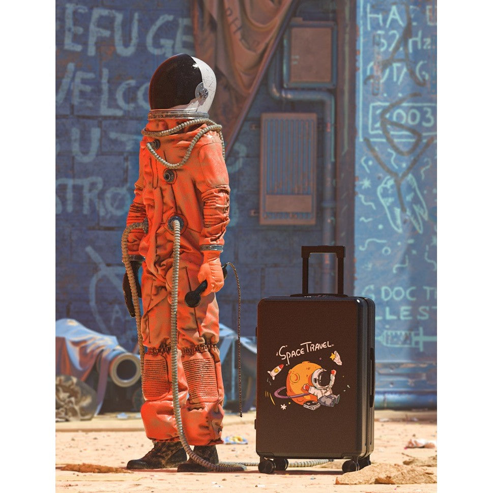 Troler de Calatorie, Smart, 56 x 35 x 22 cm, 4 Roti, Maner Reglabil, din ABS, cu Fermoar, Blocare cu Cod, Impermeabil, Model Astronaut, Negru