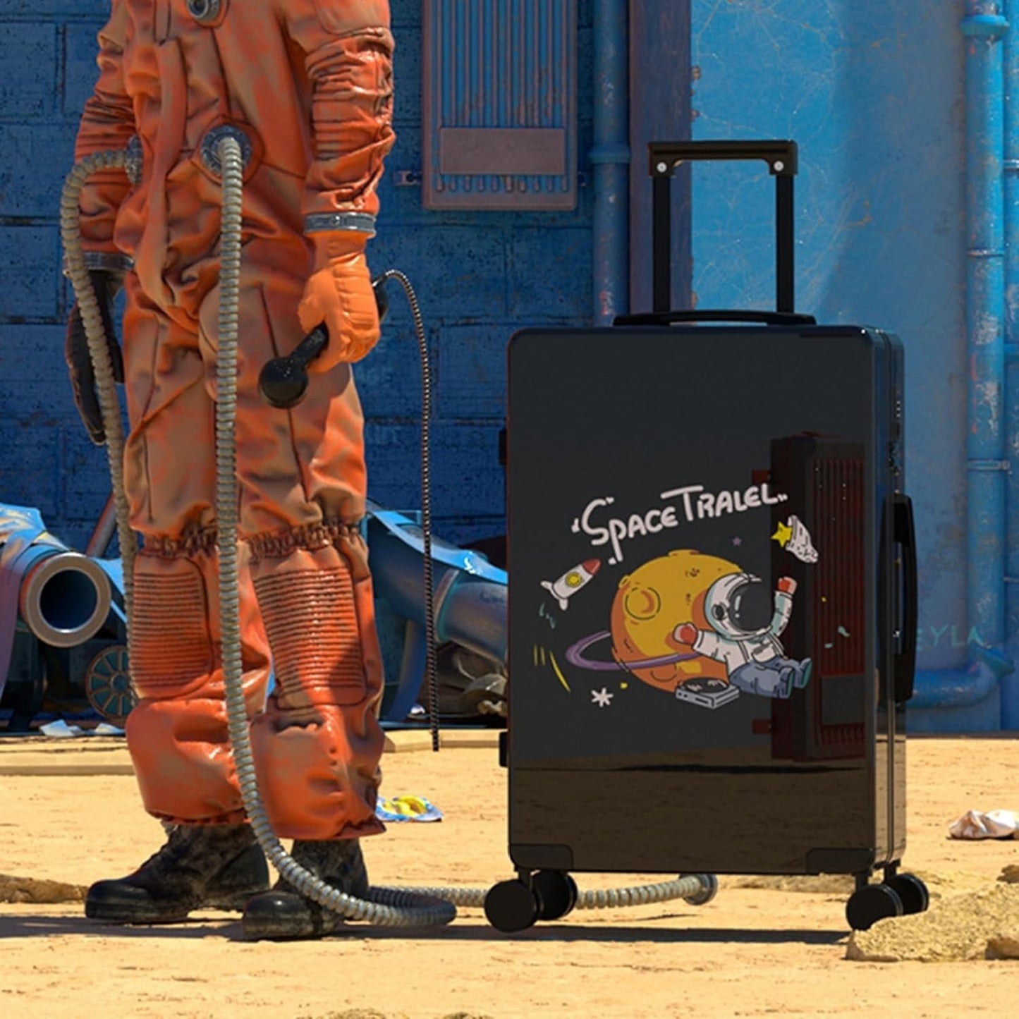 Troler de Calatorie, Smart, 56 x 35 x 22 cm, 4 Roti, Maner Reglabil, din ABS, cu Fermoar, Blocare cu Cod, Impermeabil, Model Astronaut, Negru
