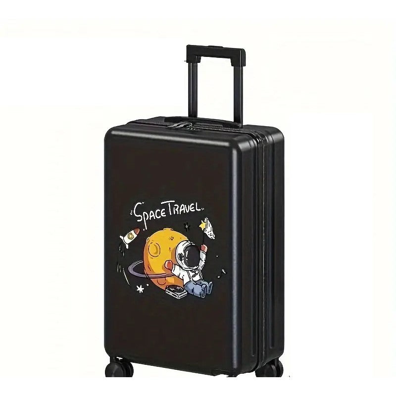 Troler de Calatorie, Smart, 56 x 35 x 22 cm, 4 Roti, Maner Reglabil, din ABS, cu Fermoar, Blocare cu Cod, Impermeabil, Model Astronaut, Negru